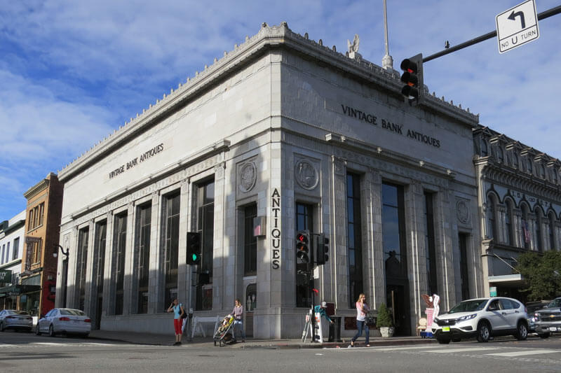 Old seed bank building in Petaluma on a semi-cloudy day. 

