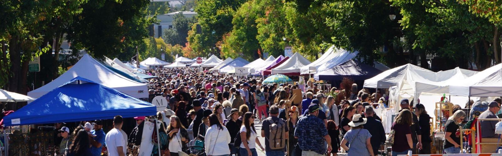 Crowded outdoor market with tents.