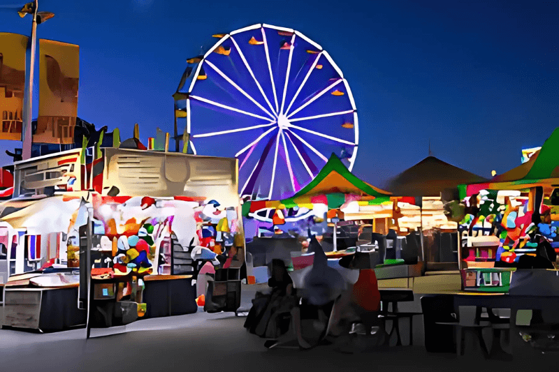 Ferris wheel at night with people dining by vendors