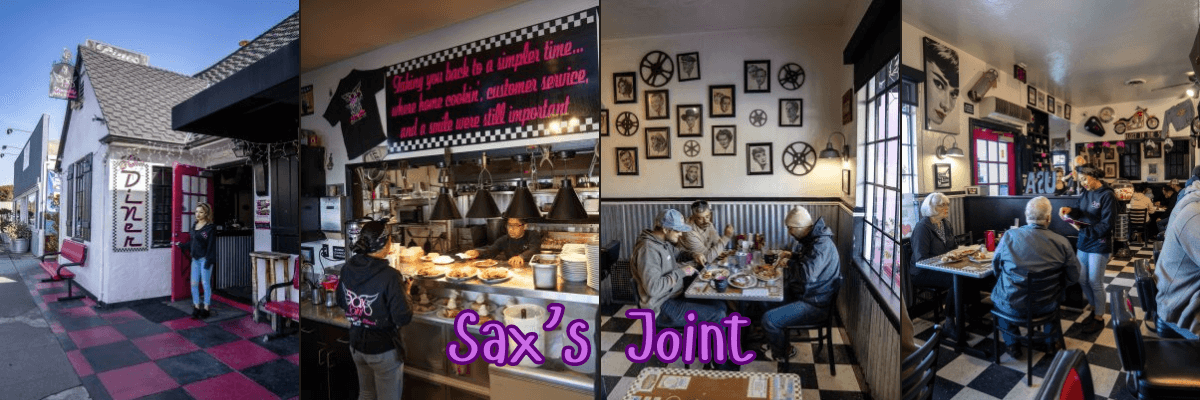 Collage of four photos of retro diner (3 interior and one exterior) with "sax's joint".