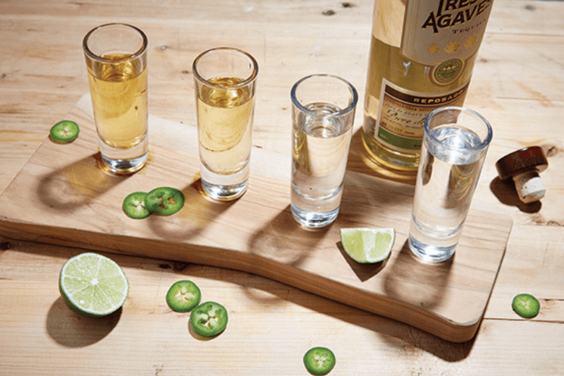 Tequila shots with lime and jalapeños