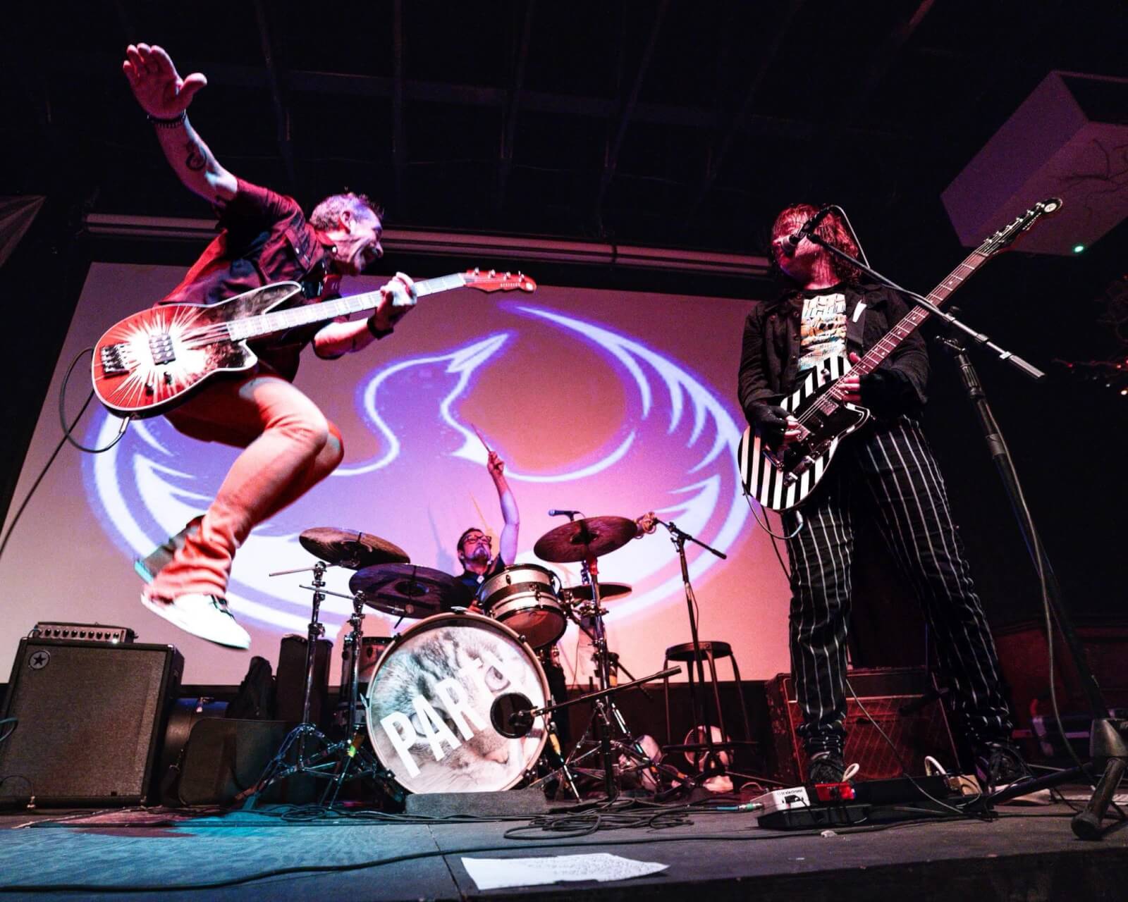 Electric bass player airborne during concert