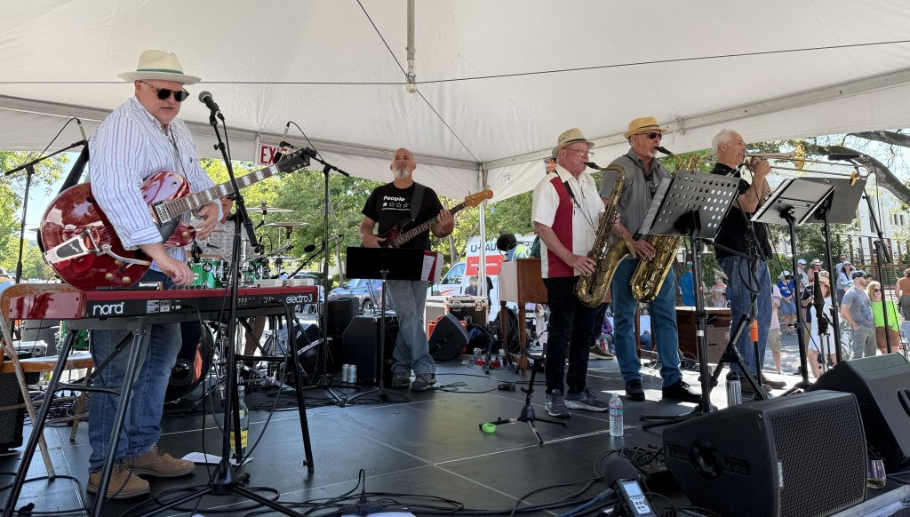 Band performing on outdoor stage, with horn section, bass and a keyboard player wearing an electric guitar