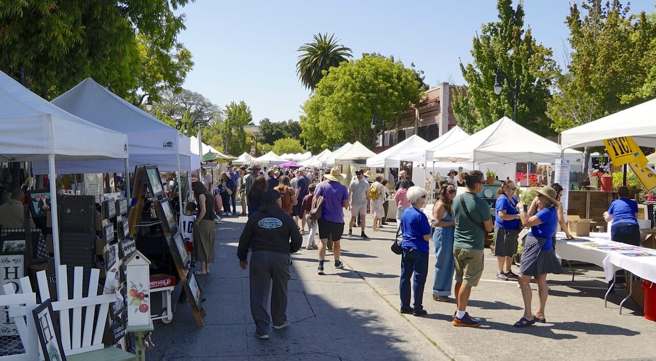 Crowd exploring booths at a festival