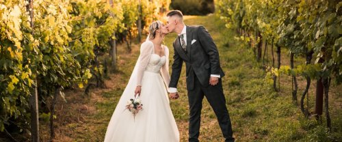 bride and groom kissing in vineyard