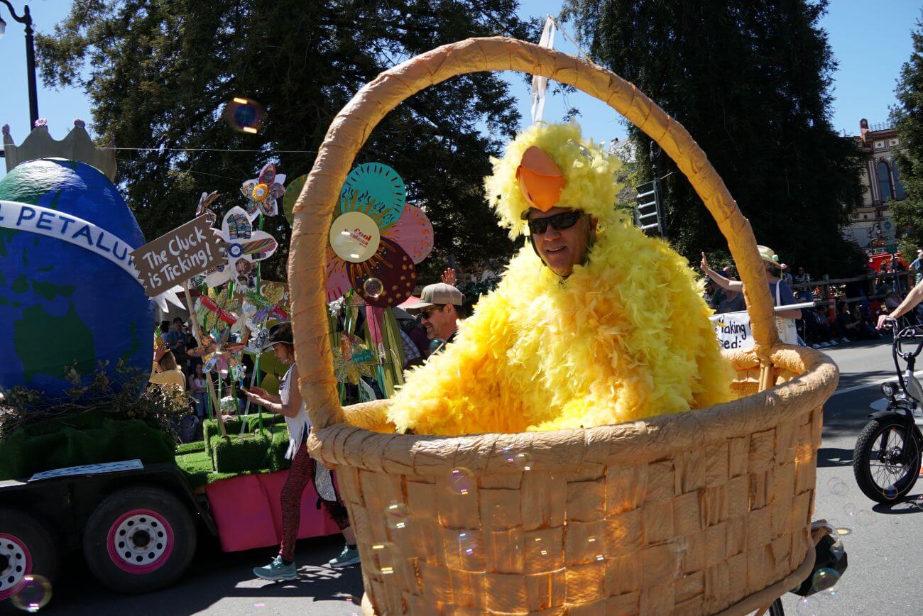 Festival_shopping Person in chicken costume on float