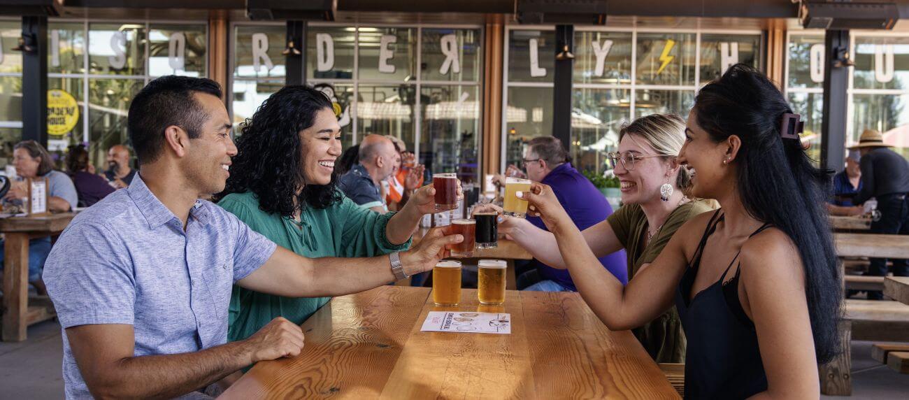 Group toasting with various beers.