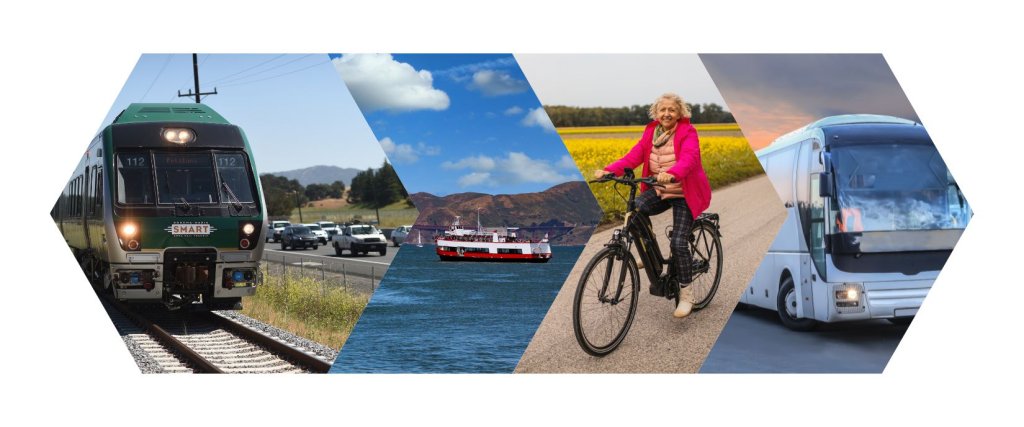Getting around petaluma 2 Collage with smart train, ferry in san francisco bay, jacketed woman riding bike near field, large passenger bus.